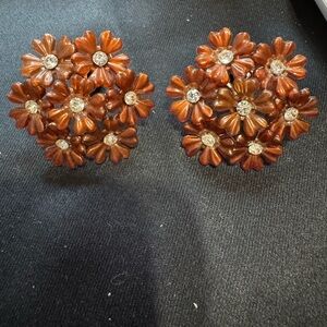 Vintage Amber Color and Rhinestone Elegant Floral Cluster Clip-on Earrings
